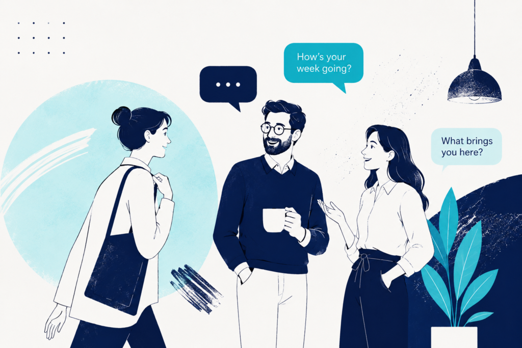 Ilustracja wygenerowana przy użyciu sztucznej inteligencji - trójka młodych osób spotykają się i zaczynają small talk