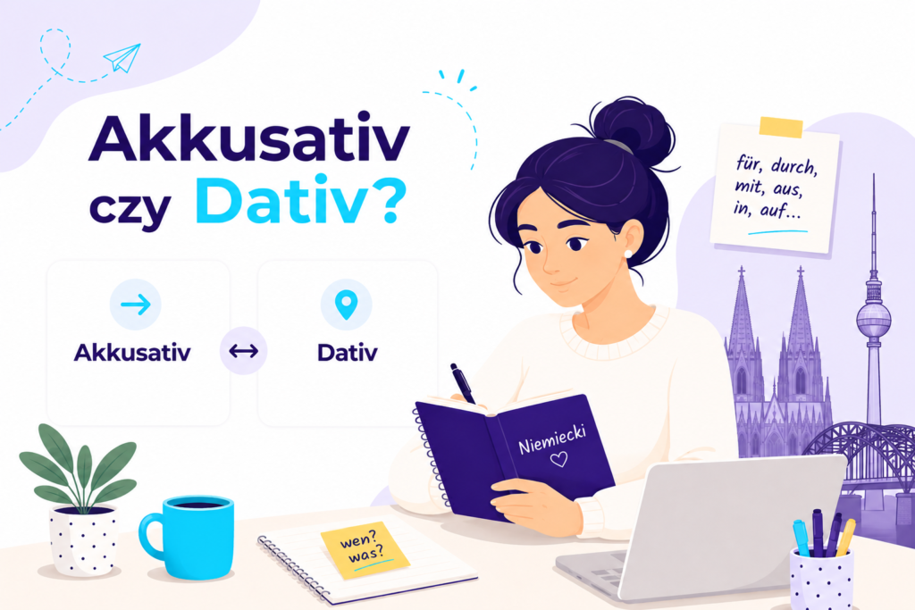 Ilustracja przedstawiająca osobę uczącą się niemieckiego oraz pytanie „Akkusativ czy Dativ?”